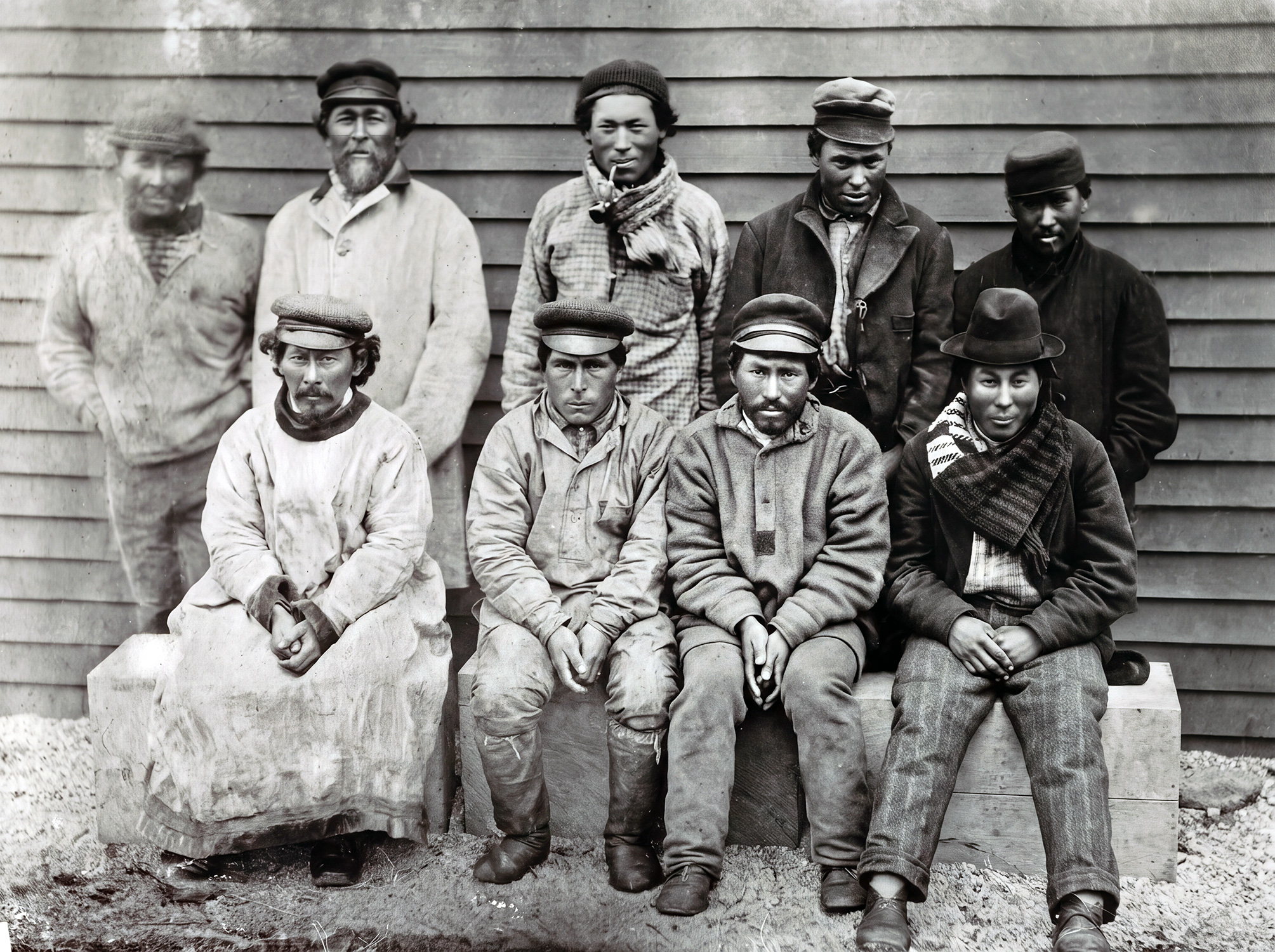 Group of Aleut hunters from Bering Island, Commander Islands, Russia